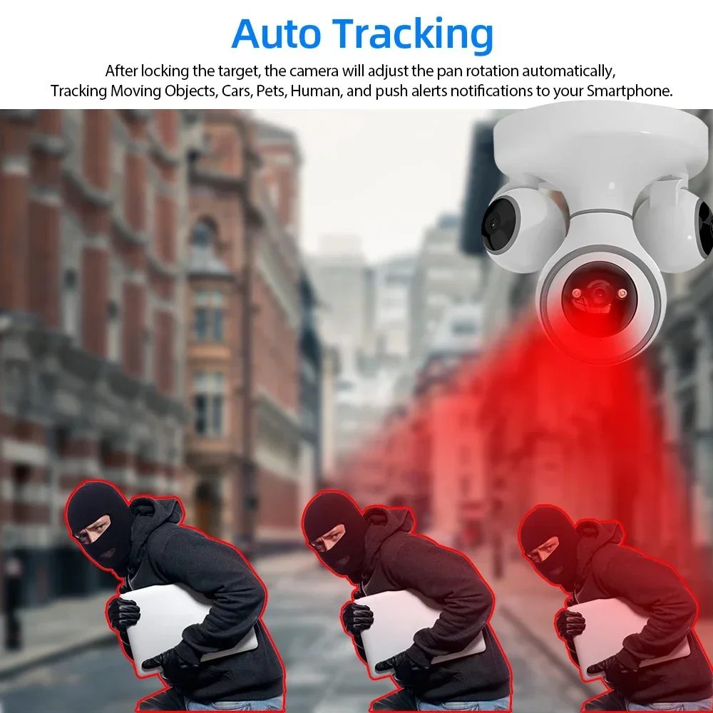 Mini 12MP Three Lens WiFi CCTV PTZ Camera with 720° Detection Alarm Three Screen 4K Indoor Home Security Surveillance Camera