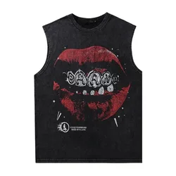 Lip Print Pattern Washed T Shirt Vintage Loose Tank Top Casual mans Sleeveless Cotton Tshirt Streetwear Oversize Tops Vest