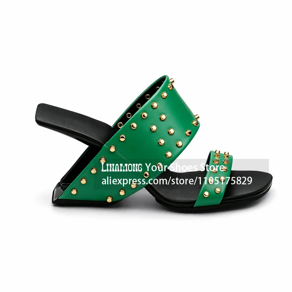 Gold Stud Sculptural Asymmetrical Heel Mules Square Open Toe Designer Sculpted Heel Slippers Novelty Designer Style Summer Shoes