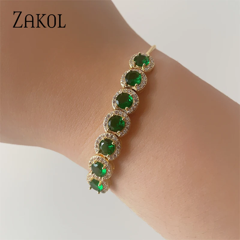 ZAKOL Fashion Pink Round Adjustable Bracelets for Women Green Crystal Cubic Zirconia Bracelet Wedding Party Jewelry BP2062