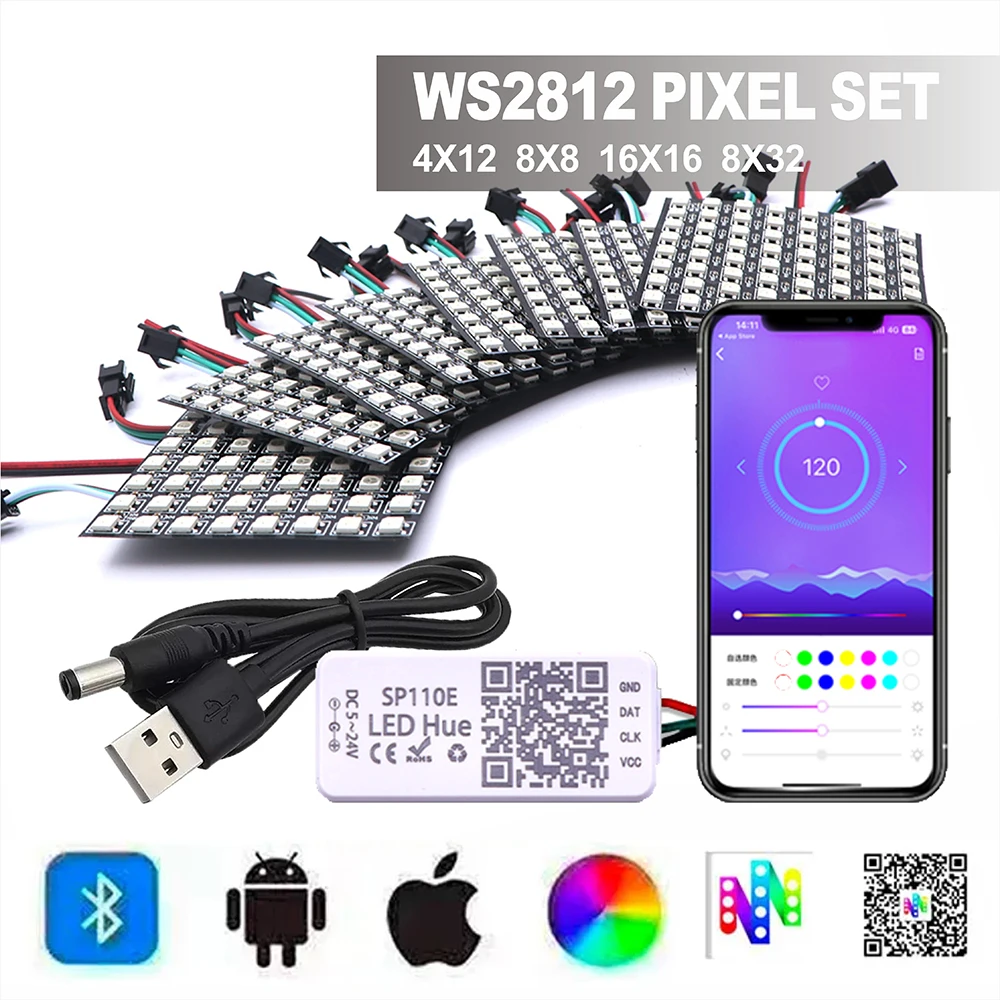 5v USB WS2812B LED Pixel SP110E Bluetooth APP Controller Kit  4×12 8×8 16×16 8×32 Individually Addressable Connector with 5v2812