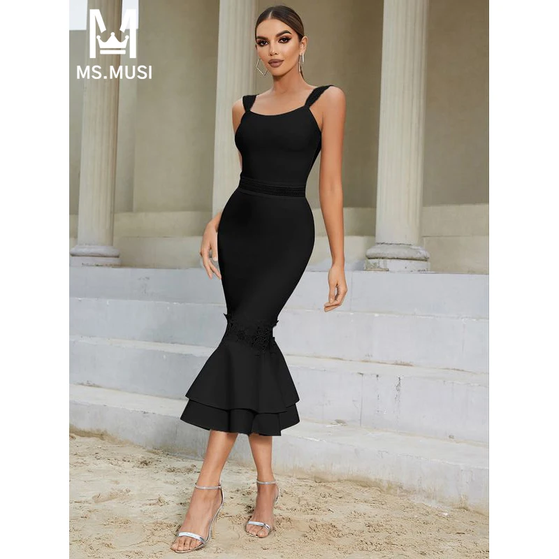 

MSMUSI 2024 New Fashion Women Sexy Strap Floral Lace Falbala Ruffles Draped Sleeveless Bandage Bodycon Party Club Midi Dress