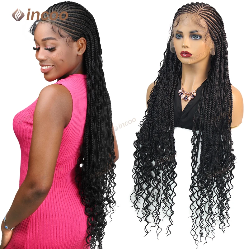 36インチ合成ボヘミアン風グルーレス編み込みウィッグ黒人女性用フルレースボックス編み込みウィッグサイドパートコーンロウ編み込みウィッグ