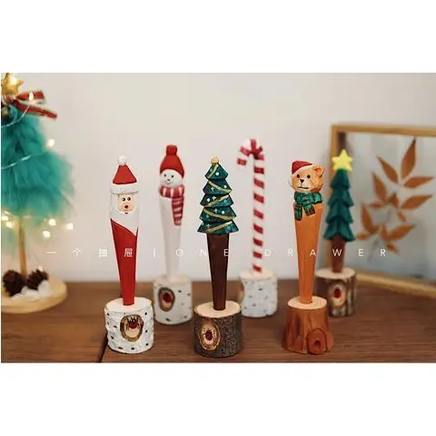 

Cute Christmas Series Snowman Elderly Solid Wood Carving Gel Pen Black Ink Pen Stationery Gift With The Pen Holder