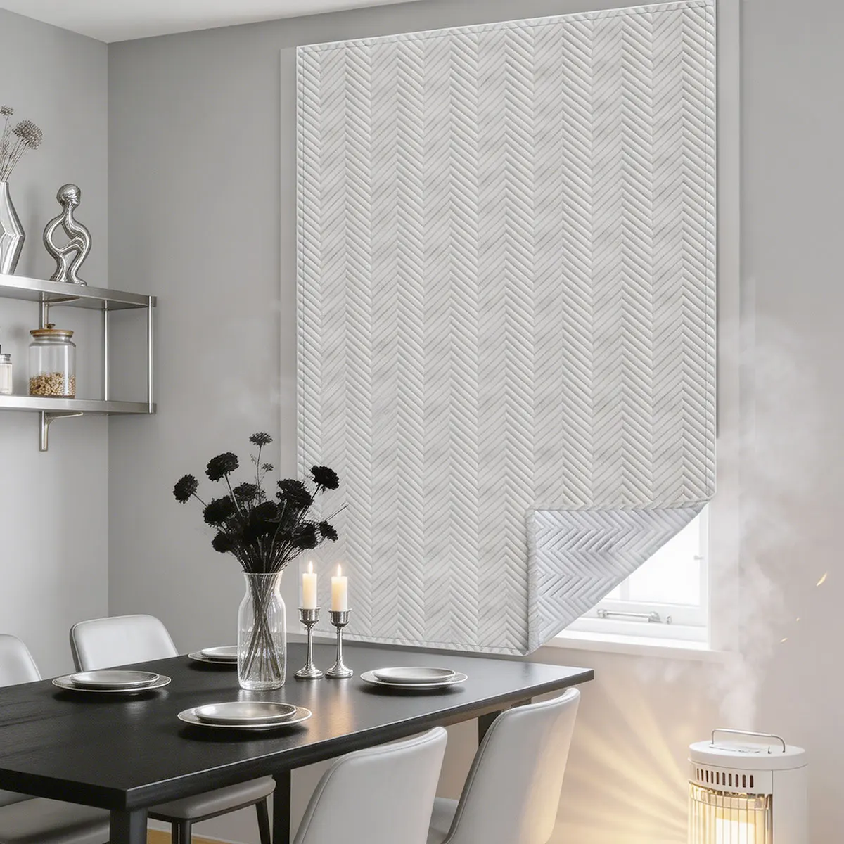 Single Panel Grey Cotton Filled Herringbone Roller Shades, Thermal Full Blackout UV Protection Window Blinds for Bedroom Dining Room Home Decor