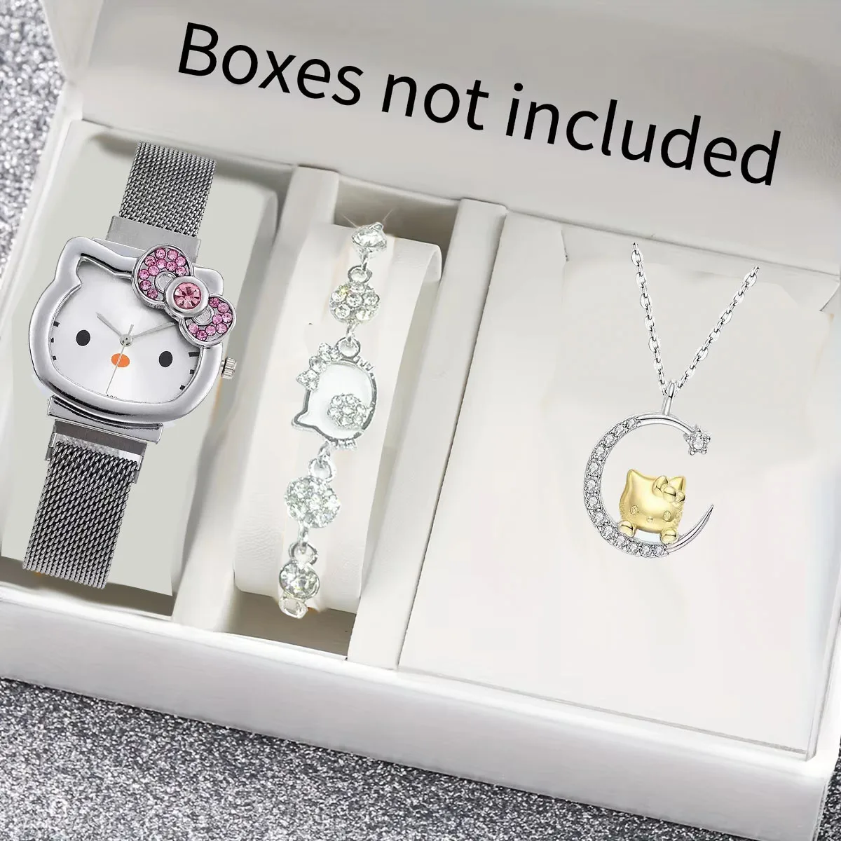 3 unids/set Kawaii Hello Kitty relojes de mujer con lazo de diamante de Metal reloj de mujer regalos de cumpleaños para estudiantes con collar y pulsera