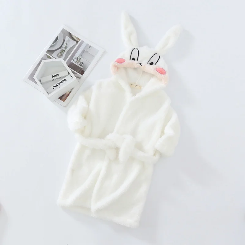 Fall Winter Kids Hooded Bathrobe Baby Bath Robes Boys Girls Cute Cartoon Rabbit Flannel Pajamas Long Sleeve Towel Robe Sleepwear