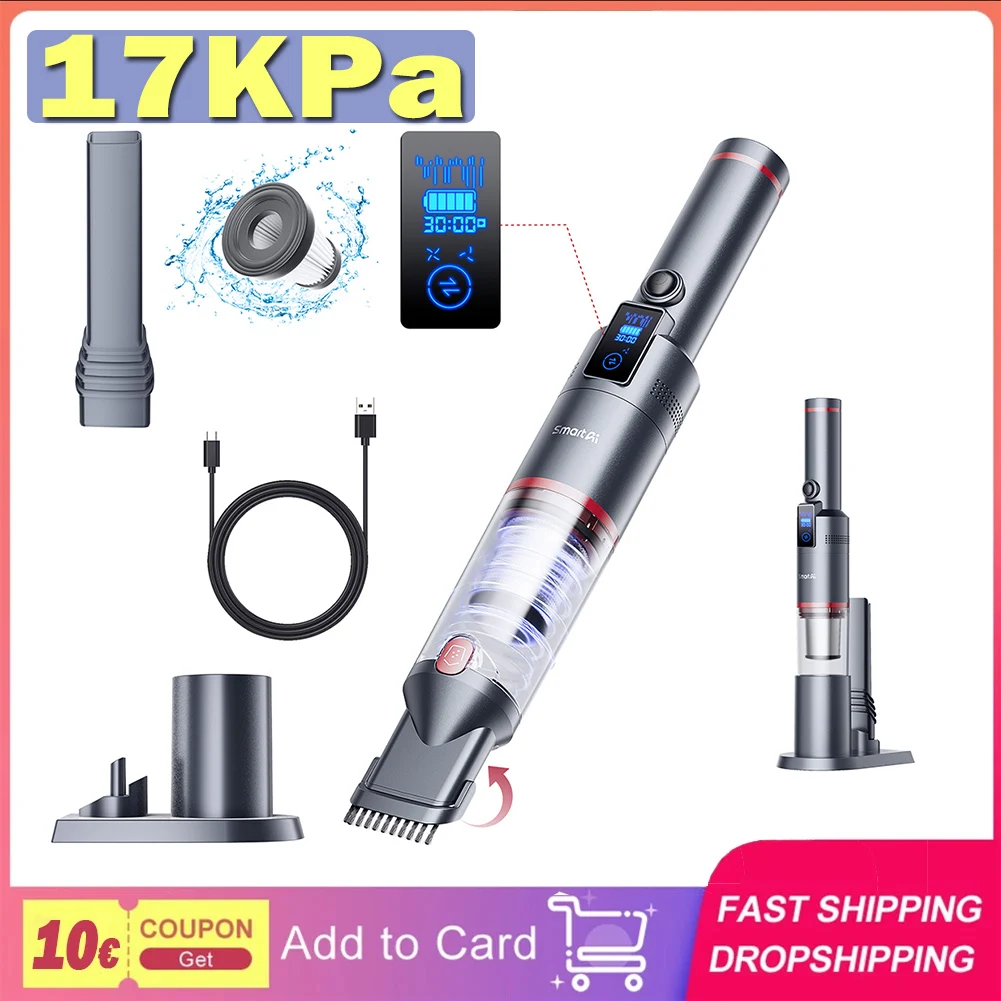 SmartAI H5 Handheld Cordless Vacuum Cleaner, 17KPa Suction Power, 145W Power, 30min Runtime, LED Screen