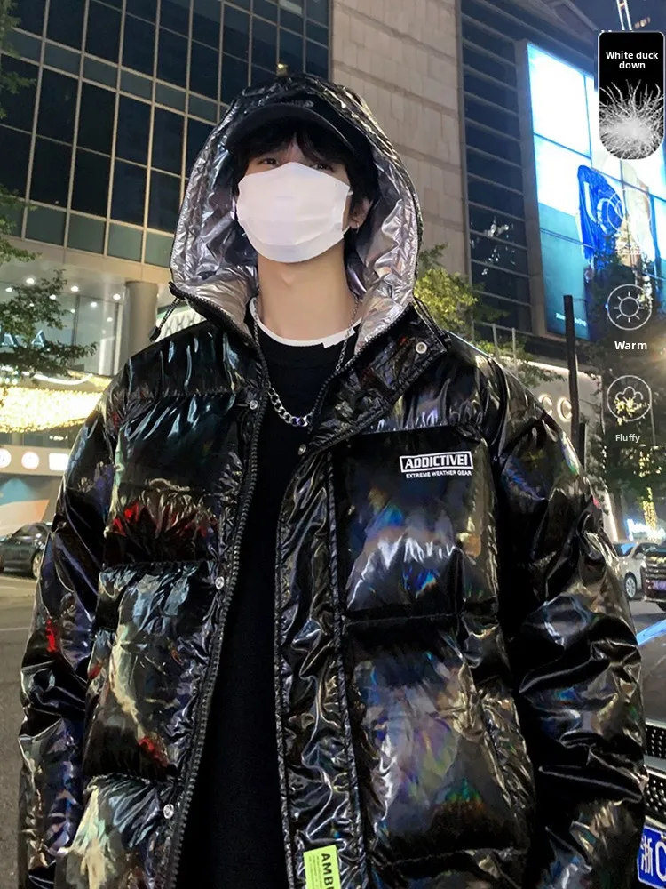 

High-End Glossy Men's down Jaet Winter Warm Hooded American Sle White Du Feather Coat Youth Trendy Outerwear