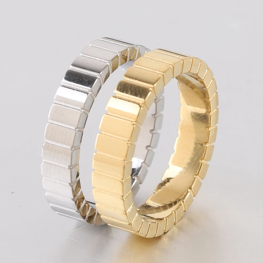 YHTOT Minimalist Stainless Steel Gold Color Geometric Texture Ring Stackable Neutral Ring for Daily Wear