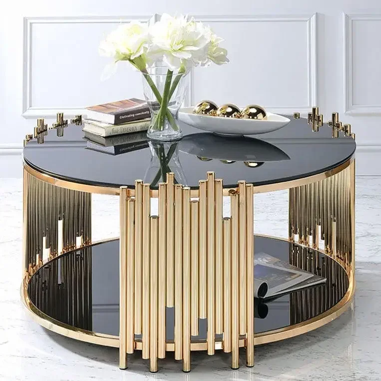 -Modern Times Glass Stainless Steel Living Room Furniture Gold or Silver Round Coffee Table