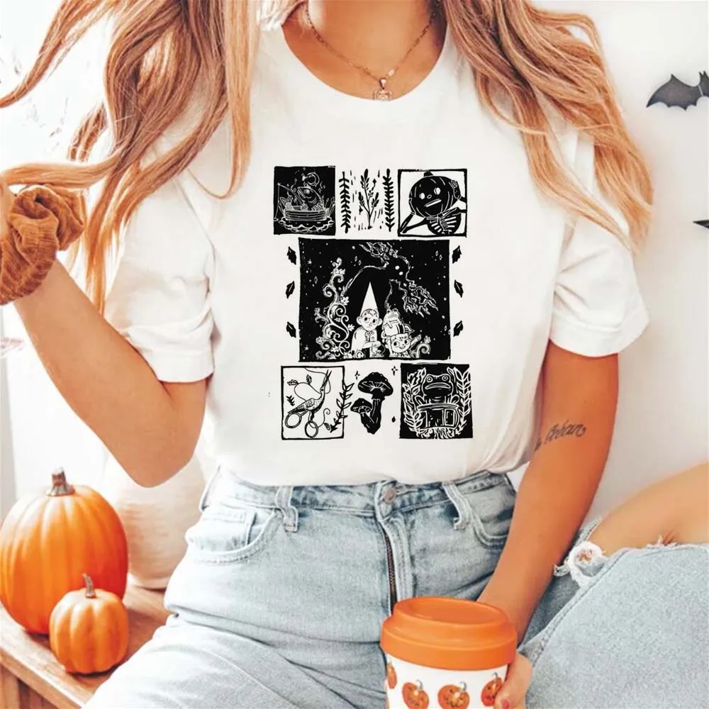 Vintage Over De Tuin Muur Halloween Vintage Stijl Cartoon Print Korte Mouw O-hals Veelzijdige Trendy Street Fashion T-Shirt