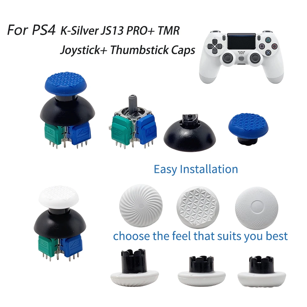 2pcs K-SILVER JS13 PRO+ Anti-Drift TMR Electromagnetic Joystick + Multiple Interchangeable Thumbstick Caps for PS4 PS5