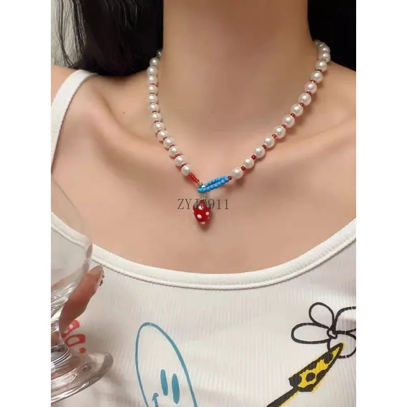 قلادة من لؤلؤ الفراولة الحمراء، إكسسوارات قلادة سلسلة الترقوة الفاخرة