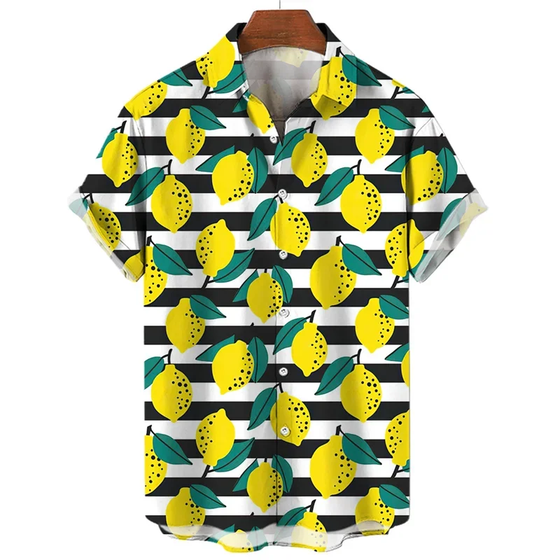 Camisa de frutas laranja limão masculina, lapela de verão, manga curta, roupa casual masculina, camisas de botão, blusa havaiana, moda estampa 3D