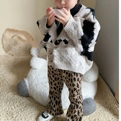 Autunno inverno moda Kawaii ragazze maglione e pantaloni leopardati due pezzi vestito manica lunga Cardigan bambini capispalla set per bambini