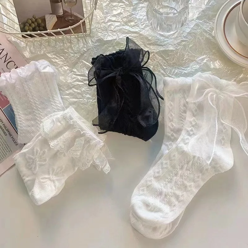 Chaussettes mi-tube en dentelle à nœud blanc simple pour femmes, chaussettes d'été fines et respirantes, chaussettes décontractées japonaises Sweet Lolita Jk, 6/12 paires