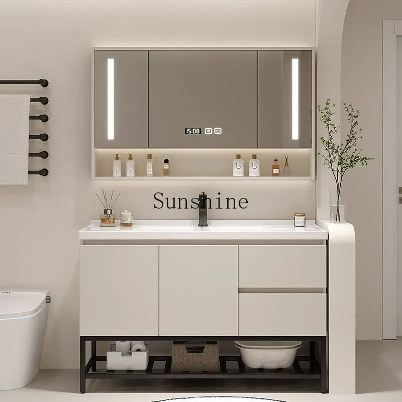 

Intelligent light luxury cream wind ceramic integrated basin solid wood, washstand bathroom cabinet combination