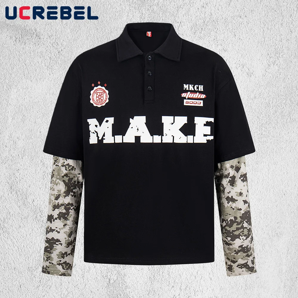 

Мужские рубашки-поло с буквенным принтом и лоскутным шитьем, имитирующие двухслойность, с двусторонним принтом, в стиле хип-хоп, уличная одежда, свободная футболка с длинным рукавом для мужчин