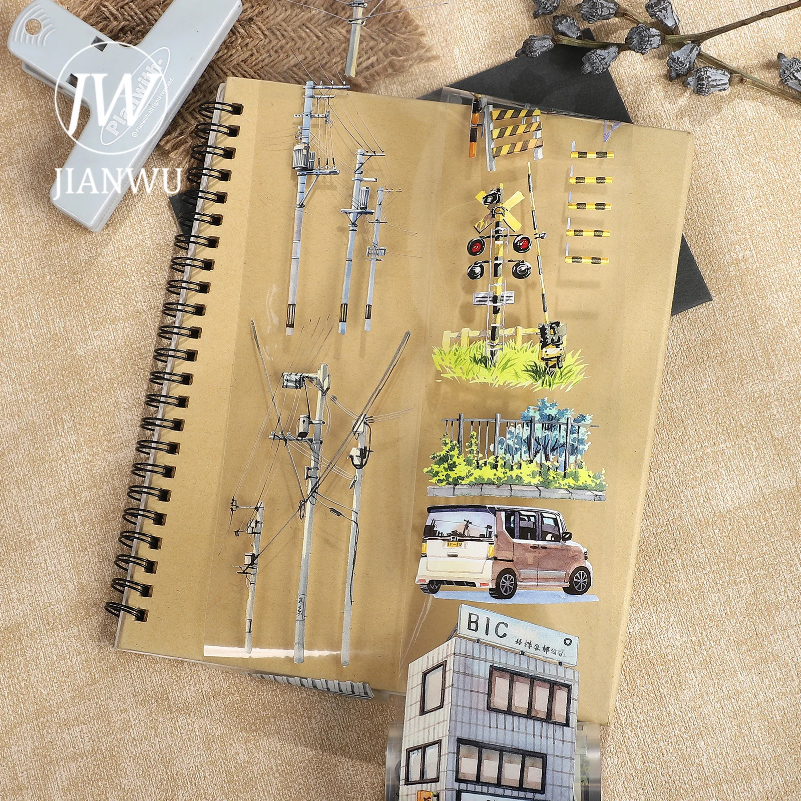 JIANWU 70mm*5.48m Vintage Street House Cable Landscape Landscape Material Collage Scrapbooking PET Tape Journal Stationery