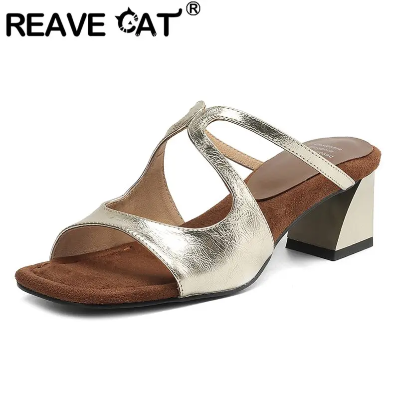 

REAVE CAT Design 2025 Женские сандалии из натуральной кожи с квадратным носком на блочном каблуке без шнуровки Мюли разного цвета Мягкая модная обувь для свиданий