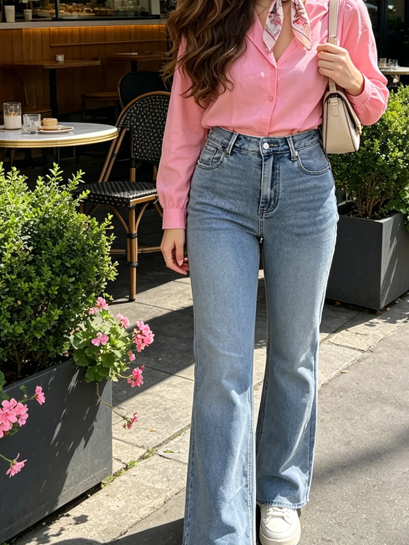 Women's High-Waisted Light Blue Straight-Leg Jeans, Frayed Hem, Washed and Distressed Finish.