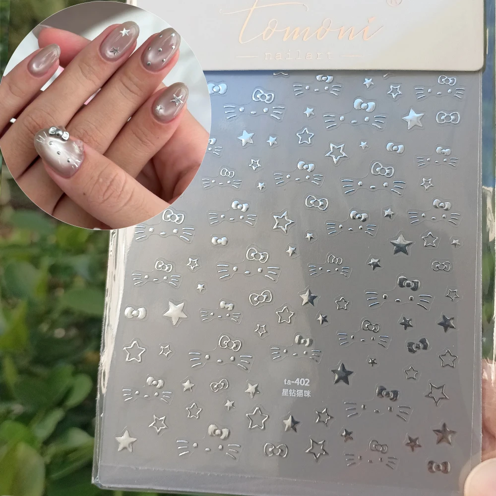 1 قطعة-5D نجمة فضية مرحبا كيتي ملصقات الأظافر y2k مرحبا كيتي القط الوجه الانحناء مسمار الشارات الكتابة على الجدران هريرة Kawaii مانيكير لوازم #1