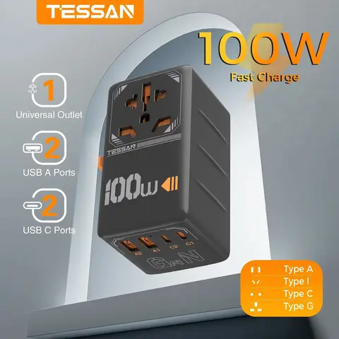 TESSAN 100W GaN 범용 여행용 어댑터(USB 및 유형 C 고속 충전 국제 플러그 어댑터 포함) 여행용 EU/UK/USA/AUS 플러그, 여행용 멀티 어댑터, 여행용 어댑터, 여행용 충전기