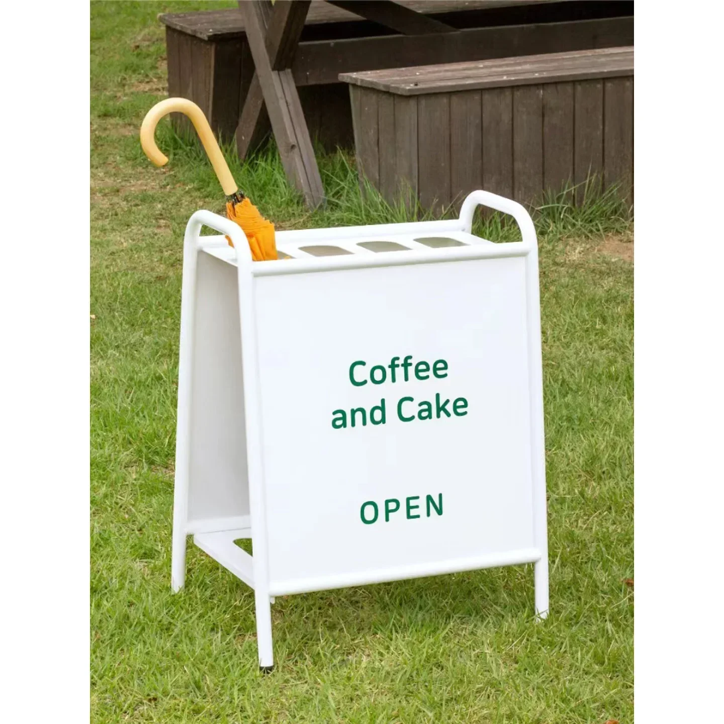 Schirmständer für Cafés, vom Boden bis zur Decke reichender vertikaler Türständer, kleines Schild für den Außenbereich, Metallfarbe