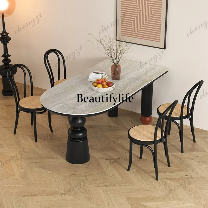 French retro solid wood dining table high-end slate small apartment creative semi-oval island dining table
