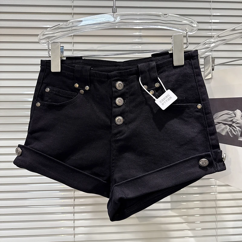 Fashion Spring Autumn Metal Buckle Flange Rivet Denim Shorts Female Solid Color High Waist Zipper Button Loose Shorts for Women