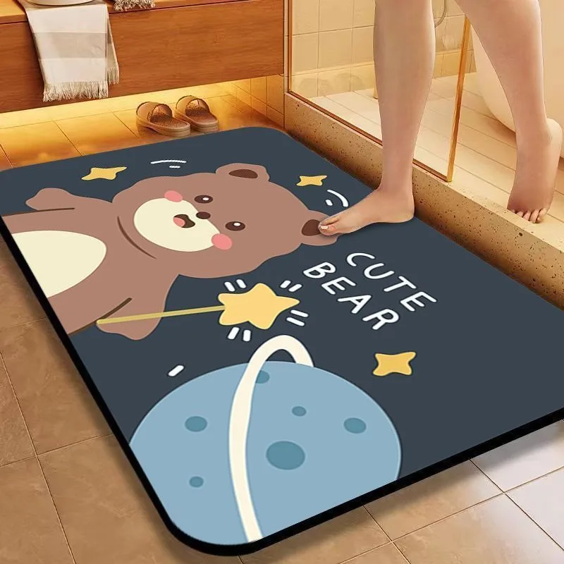 Diatom Mud Bathroom Mat Cute Magic Bear Pattern Quick Dry Absorbent Rug Non Slip Toilet Door Mat with Star Planet Design