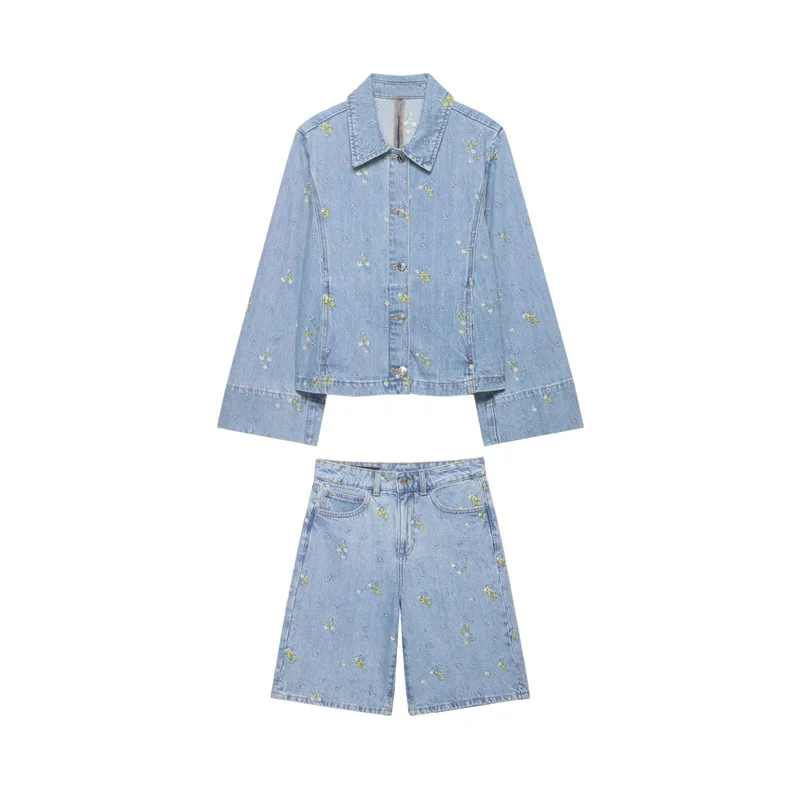 

Embroidered Flower Casual Denim Shorts Women's Suits Denim Jacket Elegant Women's Coat Shorts 2-piece Sets