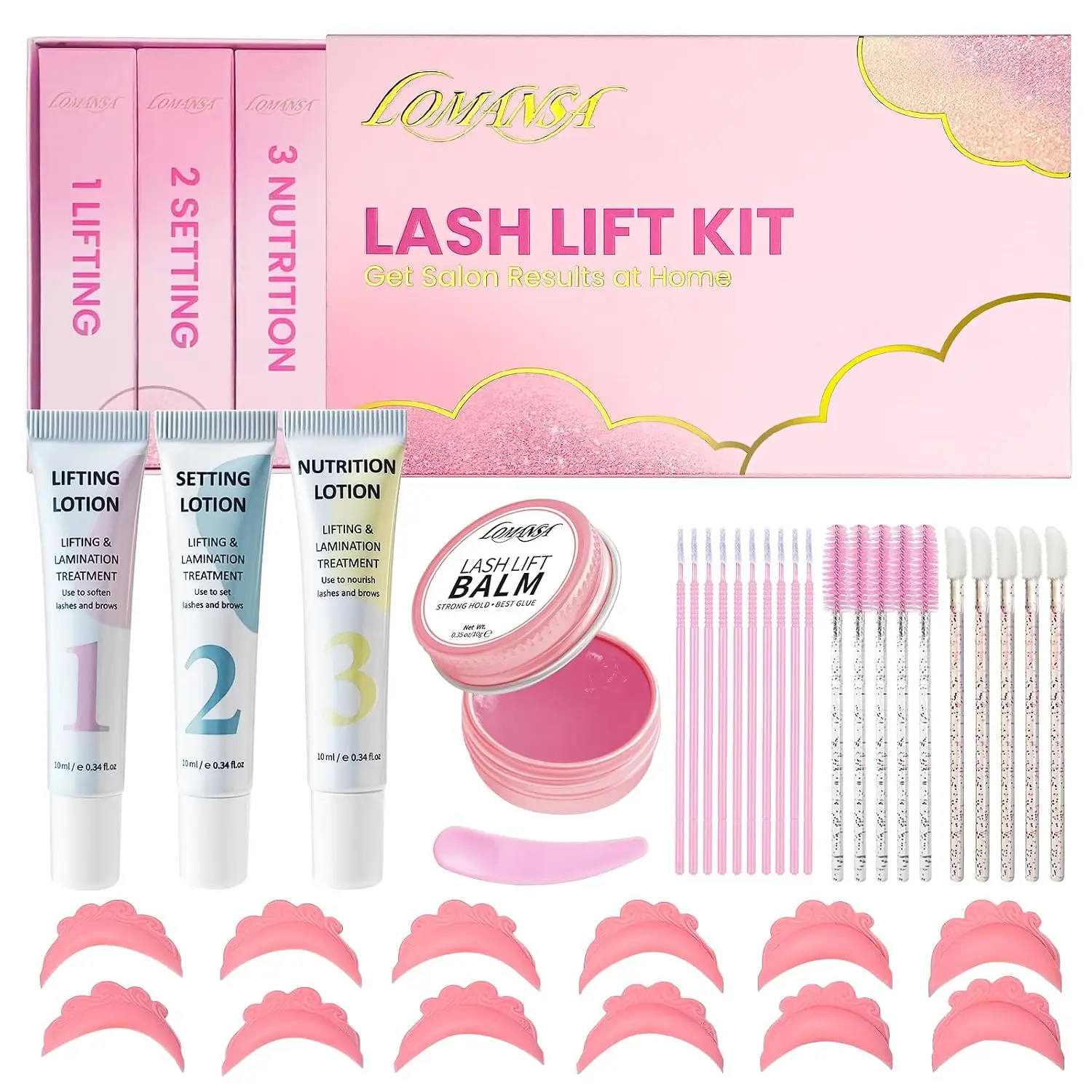 Lomansa Lash Lift Kit For Beginners At-Home DIY Eyelash Perm with Open Eye Self-Lift Pads Salon Quality Curl Lasts 4–6 Weeks