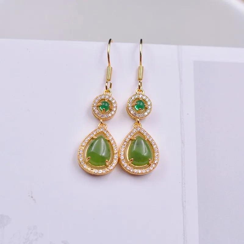 

Exquisite Copper Inlaid Hetian Jade Jasper Water Drop Women's Earrings