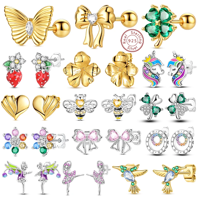 

925 Stainless Steel Stud Earrings For Women Girls Simple Flower Bow Star Moon Zircon Piercing Studs Earring Party Fine Jewelry