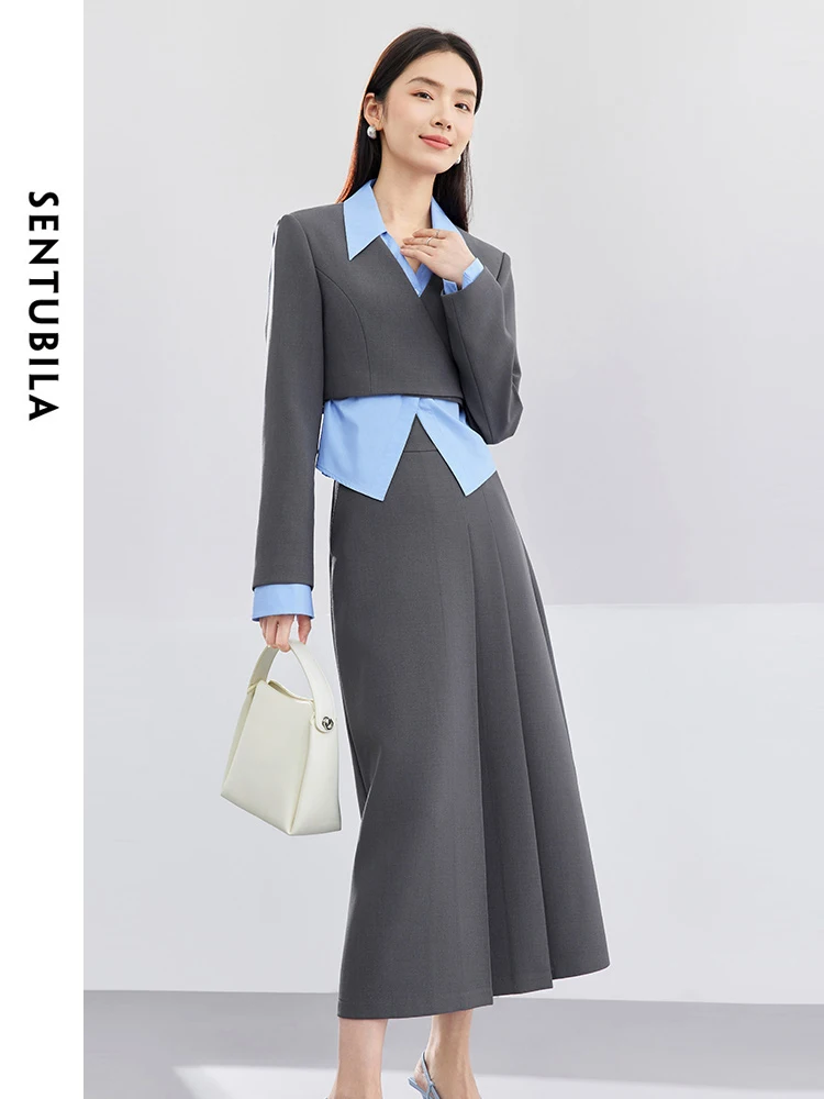 

SENTUBILA 3 Piece Women Skirt Sets Commute Office Outfits 2024 Autumn Cropped Jacket Blue Shirt Hight Waist Skirts 141Z52829