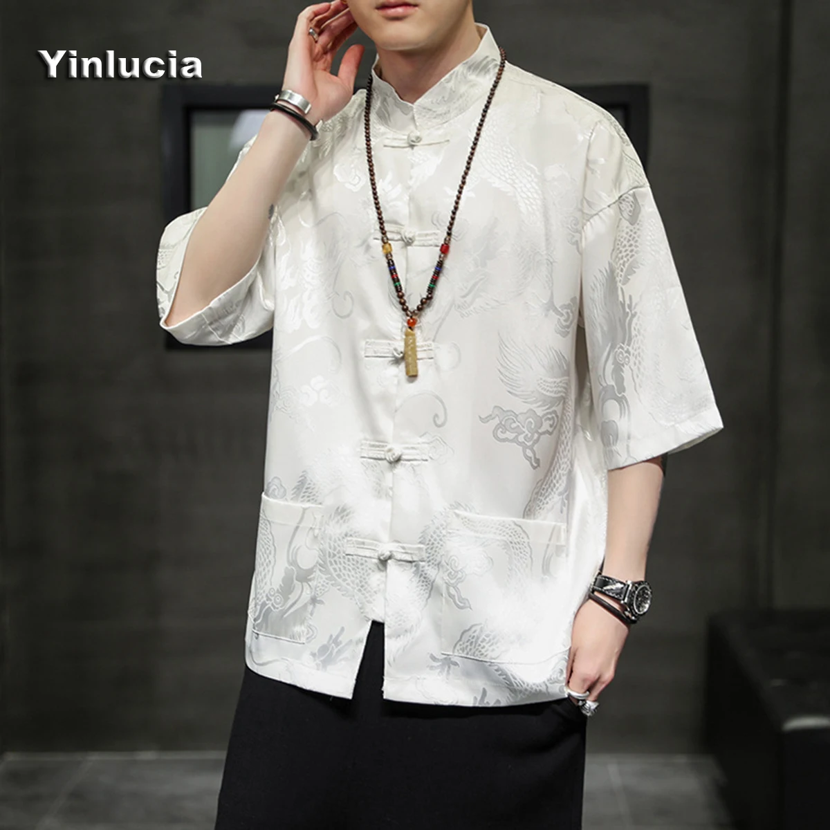 Shirts Traditional Chinese Frog Buttoned Shirt Chinese Style Tang Tee Summer Thin Cool Ice Silk Stand Collar For Man Neutral