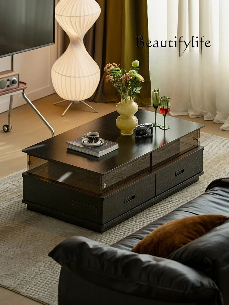 

Black rectangular small apartment Modern simple Nordic living room Rock slab coffee table Solid wood storage atmosphere