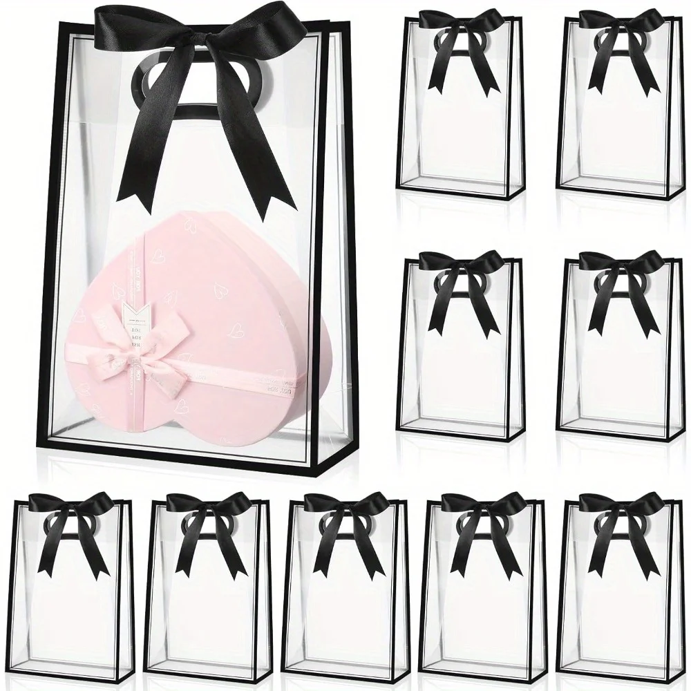 10Pcs Clear Plastic Gift Bag with Die Cut Handles Reusable PP Favor Bag with Ribbon for Wedding Bridal Birthday Party Goodies