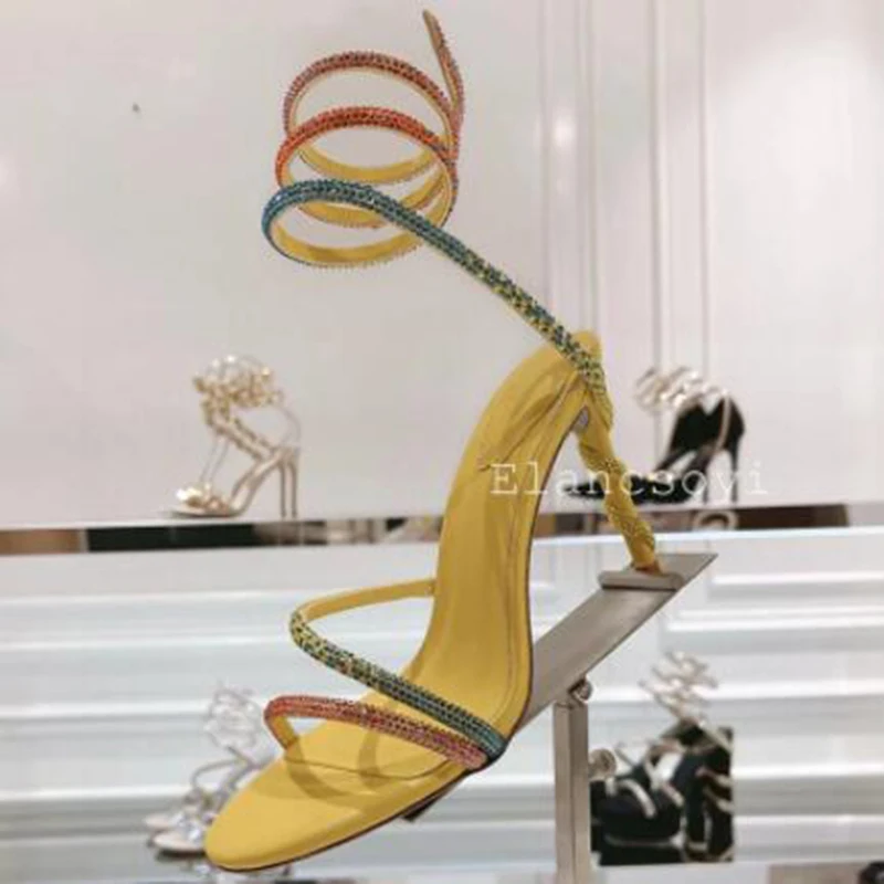 Verão novo cristal brilhante sandálias de salto fino feminino faixas elásticas gladiadores dedo do pé aberto moda sandalias banquete vestido sapatos