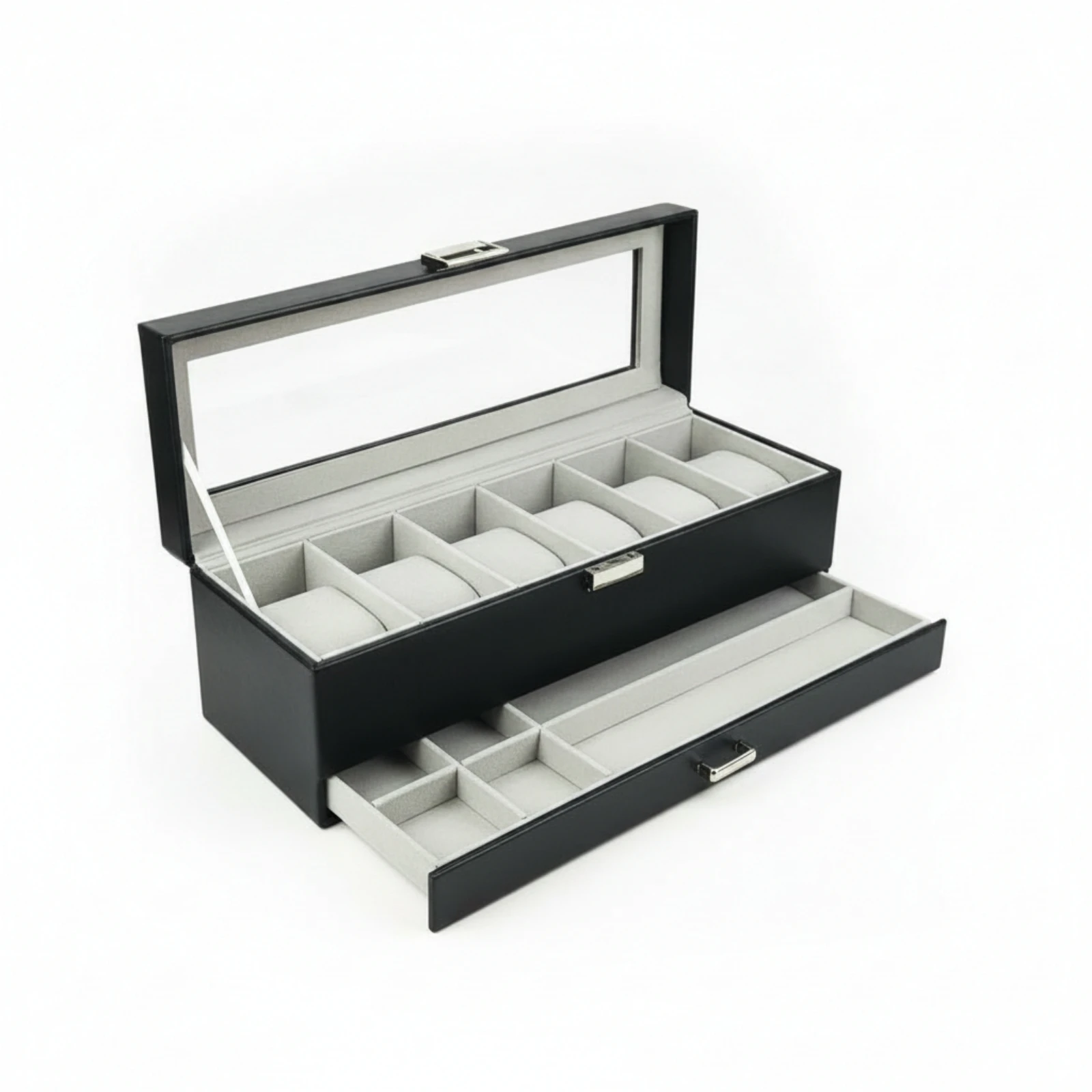 Watch Box with Drawer Clear Watch Display Case Storage Rectangular Textured for Collectors, Dresser, Bedside Table