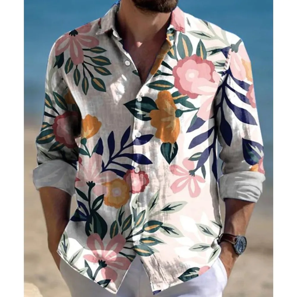 Hawaii Men's Flower Print Long Sleeve Shirt Beach Fashion Lapel Men's Tops 2023 New Elegant Temperament Flower Clothes