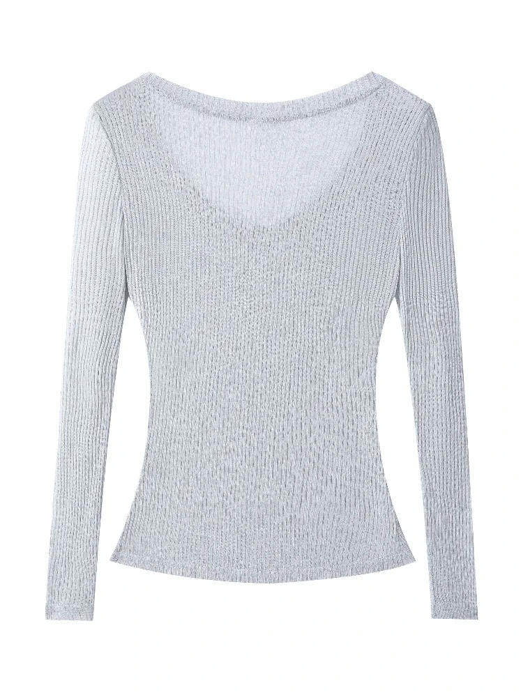 Dünnes Sonnenschutz-Langarmshirt 2026 Sommer Neu V-Ausschnitt Damen T-Shirt Lässiger Stil Durchsichtig Einfarbiges Überzug-Top – Detail 2