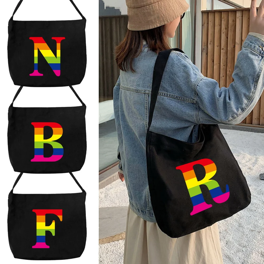 

Handbag Tote Bags Canvas Black Shoulder Bags for Commuting Bag Printing Rainbow Series College Style Student Organizers Bag