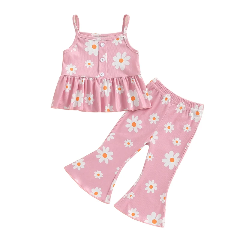 Baby Girl 2Pcs Summer Outfits Sleeveless Floral Print Cami Tops Flare Pants Set Toddler Clothes