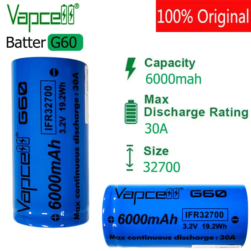 

Аккумулятор Vapcell Grade A 32700 G60, литий-ионный, 6000 мАч, 3.2В, 30А, с плоским контактом, для фонарика