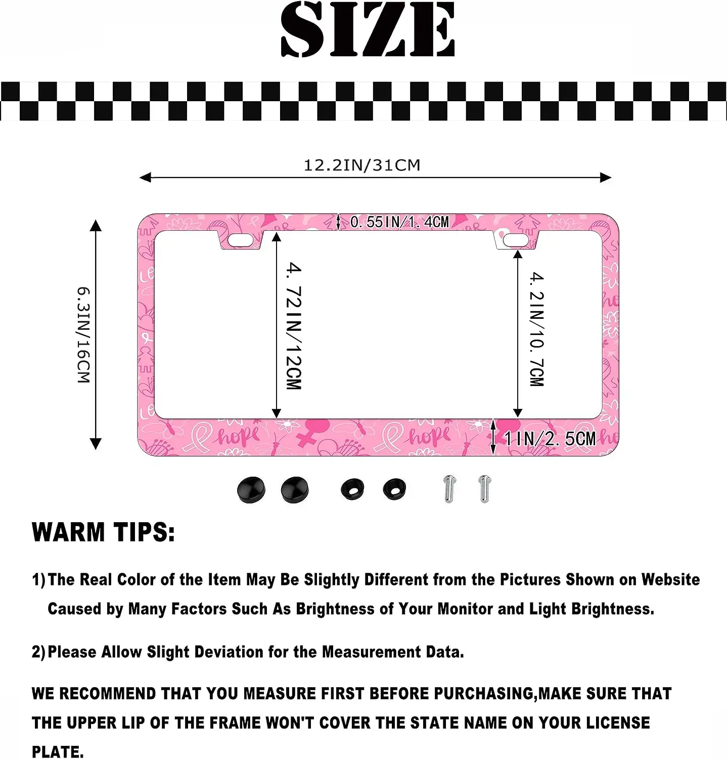 Pink License Plate Frame Breast Cancer Awareness Car Plate Cover 2 Holes with Screws for Women 12x6 Inch Car Plate Holder