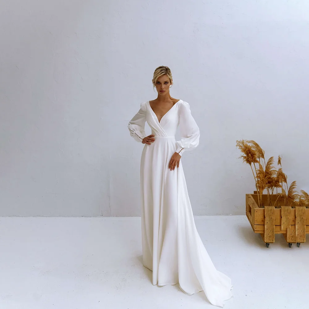 Satin Wedding Dress Puff Long Sleeve Deep V Neck Open Back Pearl Chain Sweep Train A Line Bridal Gown Custom Vestido De Novia