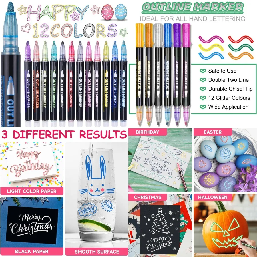 

Trendy Stocking Stuffers for Teen Girls and Aged 4-12: 12 Shimmer Glitter Markers for Art Supplies Sparkling Outline Pens for C